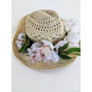Boho Floral Straw Fedora Wide Brim Sun Hat Peony Accents Gold Ring Detail Strap